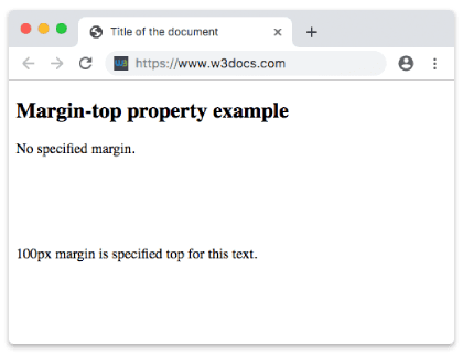 Exemplo da propriedade CSS margin-top mostrando 100px de espaço acima de um parágrafo