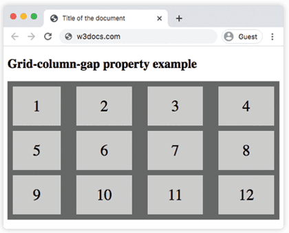 Propriedade CSS grid-column-gap: um grid de quatro colunas com gap de 30px entre colunas e gap de 10px entre linhas