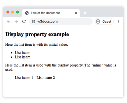 Exemplo da propriedade CSS display mostrando itens de lista renderizados de forma inline