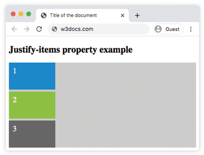 CSS justify-items start: três itens de grade alinhados à borda esquerda de cada célula