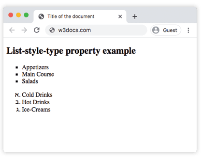 Uma lista com marcadores quadrados e uma lista numerada em hebraico renderizadas pela propriedade list-style-type